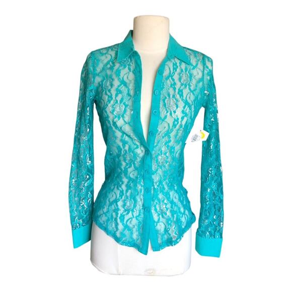 Bongo Y2K Flair Emerald Lace Subtle Silver Metallic Collar Button-Up Shirt Small - Picture 1 of 9
